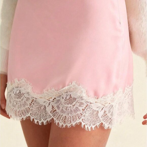 Pink Casual Women's Low Rise Y2k Satin Lace Skirt - Picture 2 of 4